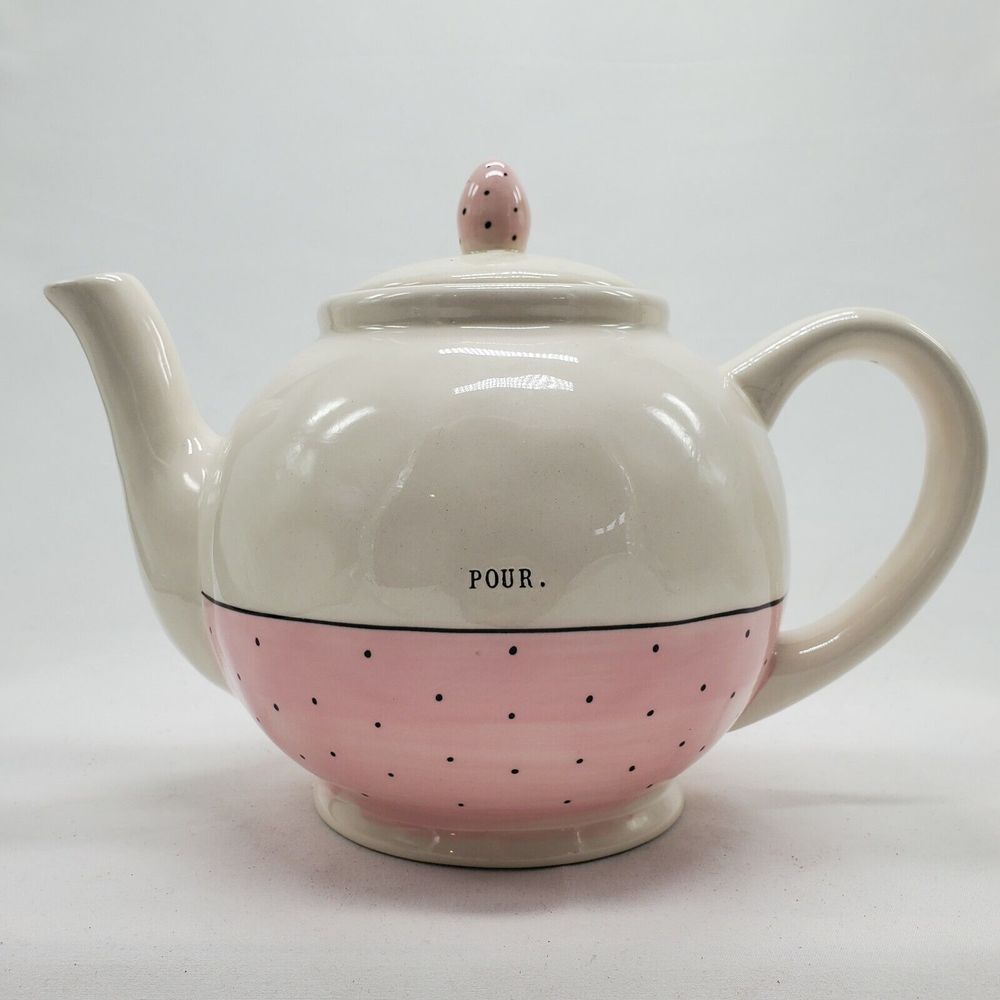 Rae Dunn by Magenta POUR Teapot Polka Dot Pink Typewriter Font